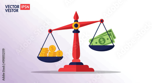 Balance scale comparing gold coins and paper money vector illustration