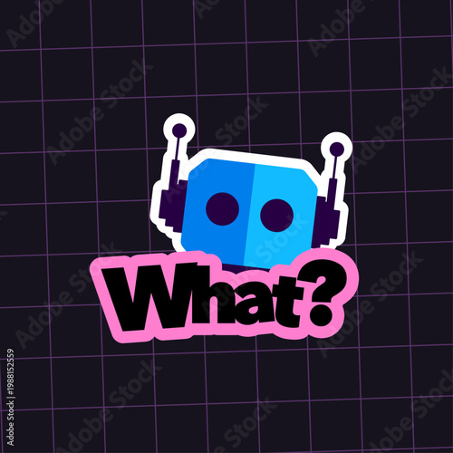 Confused AI Robot Sticker Logo Funny What Bot Character on Retro Grid Background Vector