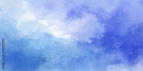 Beautiful abstract blue watercolor background with fluffy white clouds and bright sunlight in a clear summer sky atmosphere