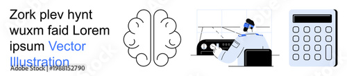 Technology, data analysis, neuroscience, productivity, operations, research. Brain outline, operator in control room and calculator. Technology and data analysis are