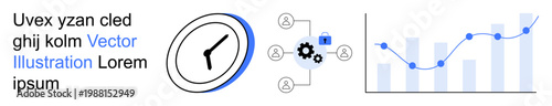 Business productivity, time tracking, workflow optimization, analytics, project planning, management solutions. Clock icon, gears people connections and bar graph. Time tracking and analytics