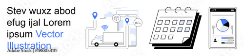 Logistics, scheduling, analytics, business planning, transportation, technology. Truck with map pins, calendar and smartphone with chart. Logistics and scheduling concept