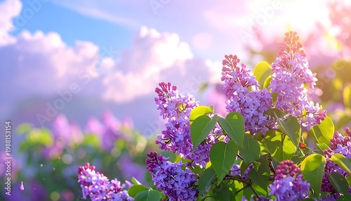 Blooming purple lilacs bask in sunlight against a bright, cloudy sky. Lush greens offer contrast to floral abundance