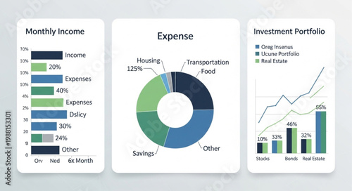 Financial Dashboard Showing Income Expense and Investment Portfolio.