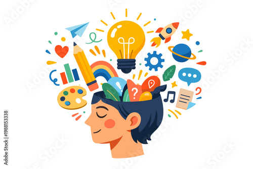 Creative Mind Illustration – Open Head with Light Bulb, Learning, Imagination and Education Concept Flat Design
