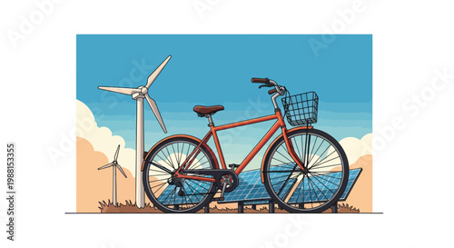 Bicycle with basket in front of wind turbines and solar panels under blue sky
