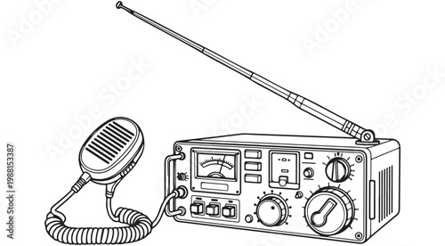 Retro ham radio transceiver with handheld microphone and telescopic antenna vector line art illustration