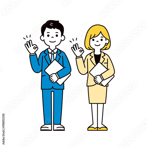 ラップトップを持って了解のサインをする、ビジネスパーソンの全身ベクターイラスト素材セット