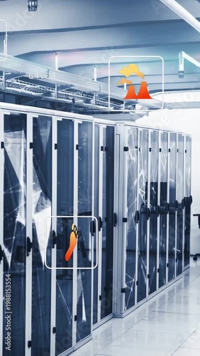 Rack row idling while monitor-triggered HUD icons stacking, showing chart, power for data center