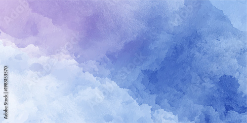 An abstract blue watercolor texture blending fluffy white clouds and bright sunlight creates a beautiful summer sky background with a clear and airy nature atmosphere