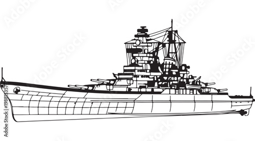 Battleship Vector Illustration of a World War II Naval Warship for Military History and Gaming Assets