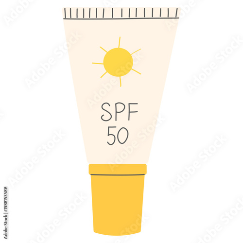 Sunscreen cream tube with SPF 50 and sun icon. Cute hand drawn doodle vector illustration of sunblock cosmetics isolated on white.