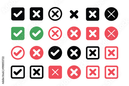 Green check mark and red cross icon set vector illustration circle square tick and cross symbols correct wrong buttons yes no design isolated on white background