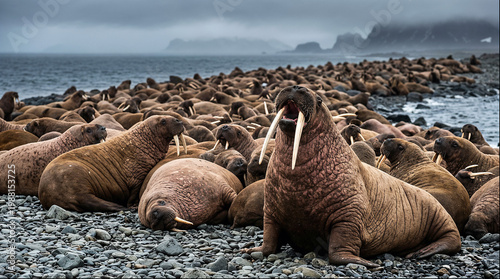 Obraz na plátně Walrus colony resting on pebble beach with misty shore