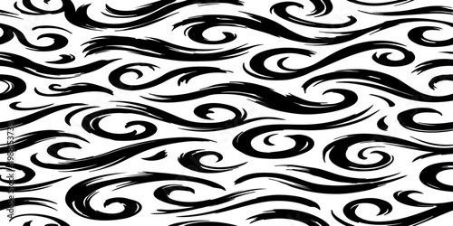 Bild auf Leinwand Seamless vector pattern of dynamic black brush strokes forming elegant swirls, l