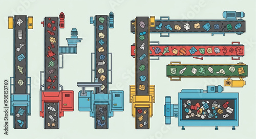 Abstract illustration of factory conveyor belt systems and machinery.