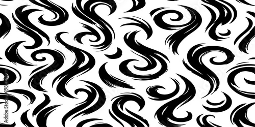 Bild auf Leinwand Seamless vector pattern of dynamic black brush strokes forming elegant swirls, l