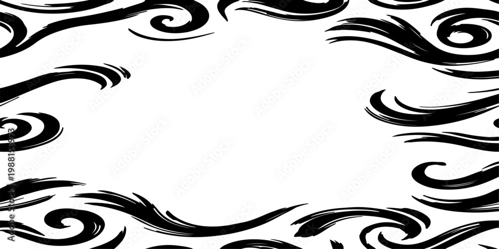 Fototapeta premium Seamless vector pattern of dynamic black brush strokes forming elegant swirls, loops, and flowing waves, hand-painted ink texture, monochrome, high contrast, minimalist, organic and fluid motion, clea