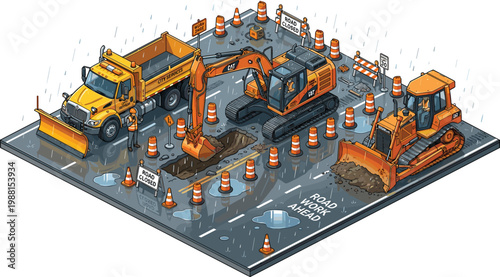 Isometric road construction scene with heavy machinery excavator bulldozer trucks working in rainy urban street repair site
