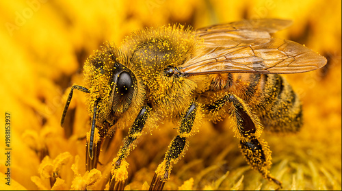 Cuadro en lienzo Honey bee covered in pollen feeding on vibrant sunflower