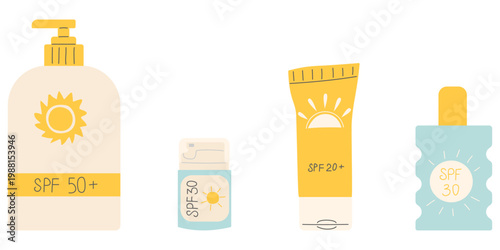 Sunscreen and SPF protection bottle set. Cute flat doodle vector illustration of solar care cosmetics, lotion tube, spray, and pump bottle isolated on white.