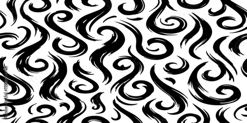 Seamless vector pattern of dynamic black brush strokes forming elegant swirls, loops, and flowing waves, hand-painted ink texture, monochrome, high contrast, minimalist, organic and fluid motion, clea
