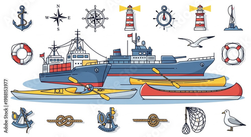 Nautical theme elements with ships and kayaks.