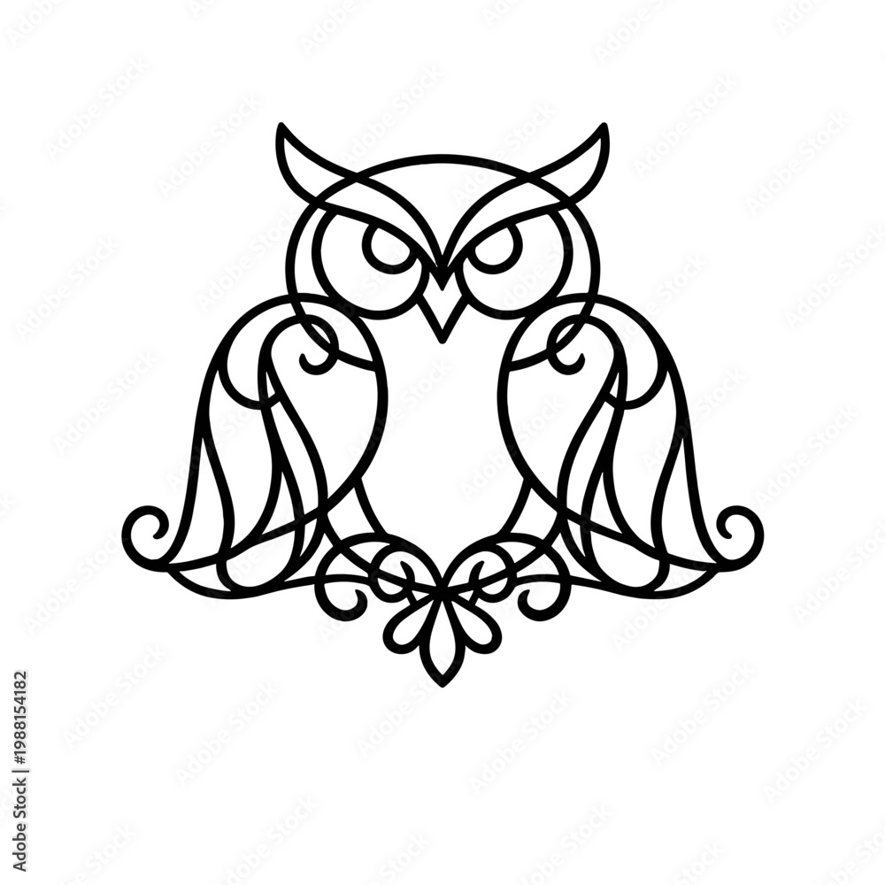 Fototapeta premium Elegant Owl Line Art Illustration with Ornamental Wings, Decorative Symmetrical Animal Design