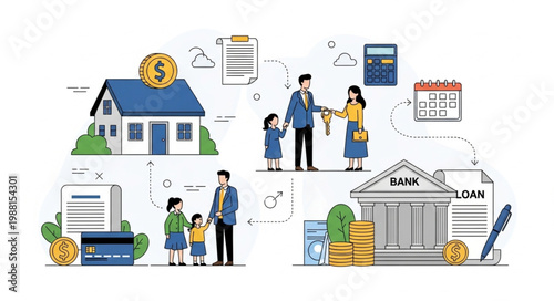 Family mortgage and loan concept illustration with bank and house.
