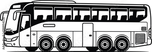 Luxury coach bus side view with multiple axles and passenger windows in detailed transportation line vector illustration