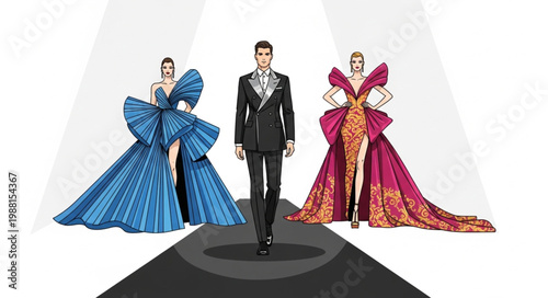 Fashion designer showcases haute couture gowns and a tuxedo on runway.