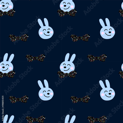 Cute blue bunny faces and black glitter bows repeat on a navy seamless pattern ideal for kids fabric wallpaper stationery and giftwrap playful cheerful whimsical design for projects