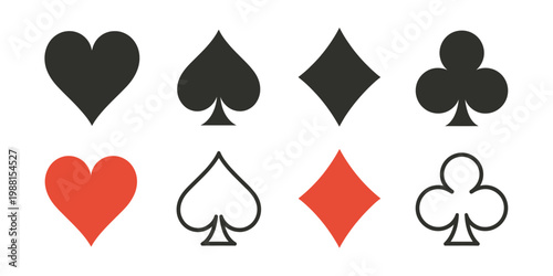 Playing card suit icon set vector illustration hearts spades diamonds clubs black card symbols gambling casino design isolated on white background