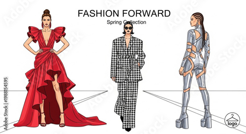 Fashion Forward Illustration of Three Models in Avant-Garde Outfits.