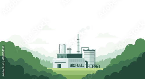 Biofuel production plant nestled in green forest landscape vector illustration