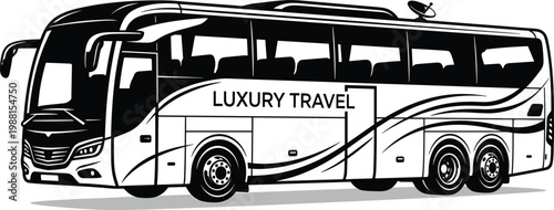 Luxury travel coach bus with modern design, decorative graphics and passenger windows in detailed transportation vector illustration