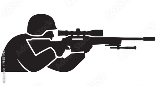 Sniper soldier silhouette aiming a long range rifle with scope vector icon for military and tactical design