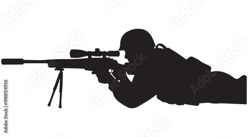 Military sniper silhouette illustration aiming rifle in prone position for tactical combat and security concepts