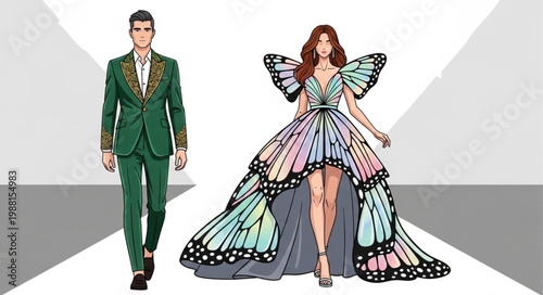 Fashion illustration of a man and woman in designer outfits on a runway.