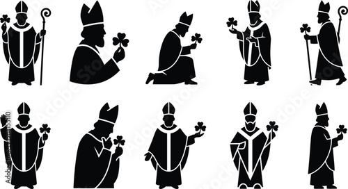 Sammlung von zehn schwarzen Silhouetten des Heiligen Patrick als Bischof mit Kleeblatt und Stab.