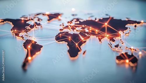 Global network connection with glowing lines and dots on a world map