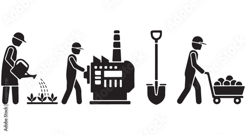 Labor and industry silhouette icons set featuring workers in agriculture manufacturing and construction for business infographics