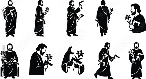 Schwarz-weiße Silhouetten eines bärtigen Mannes, der einen Heiligen darstellt, mit religiösen Symbolen und einer Pistole.