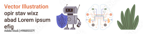 Artificial intelligence, cybersecurity, innovation, natural coexistence, tech design, future concepts. Robot holding a shield, circuit brain and plant. Artificial intelligence and cybersecurity