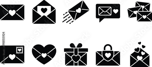 Set von schwarzen Glyphen-Symbolen für Liebesbriefe und Valentinstag-Nachrichten auf weißem Hintergrund.