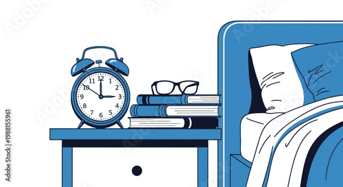 Blue alarm clock on nightstand beside bed with books and glasses
