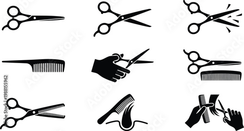 Set von neun schwarzen Piktogrammen für den Friseurbedarf mit Schere und Kamm.