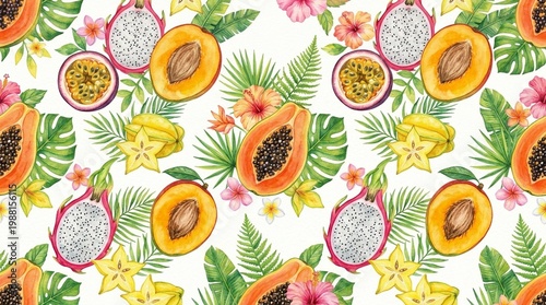 Seamless Juicy Bright Jungle Exotic Produce Food Cut Slice Tropical Sweet Fruit Core Seed Health Refresh Design Set