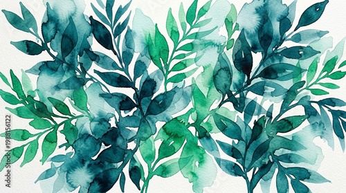 Abstract Watercolor Teal and Emerald Botanical Foliage Background for Eco-Lifestyle Beauty Brands