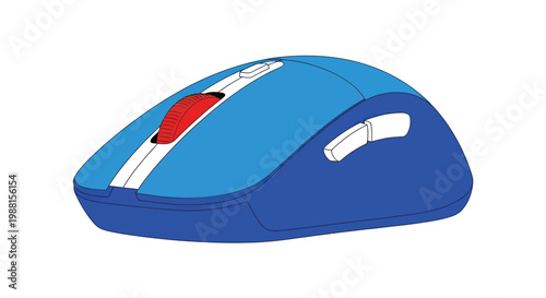 Blue computer mouse with red scroll wheel and white accents on white background